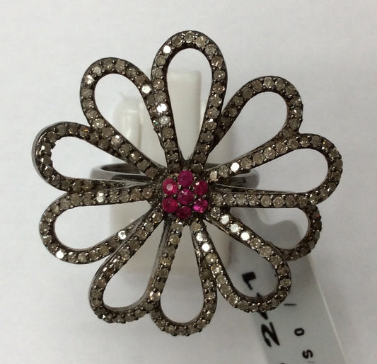 Flower Pave Diamond Ring With Ruby  .925 Oxidized Sterling Silver Diamond Ring, Genuine handmade pave diamond Ring Size Approx 1.32"(33 MM)