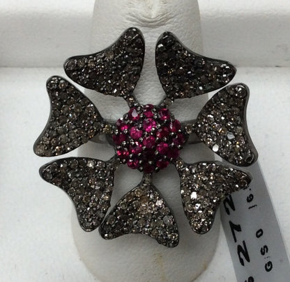 Flower Pave Diamond Ring With Ruby .925 Oxidized Sterling Silver Diamond Ring, Genuine handmade pave diamond Ring Size Approx 1.04"(26 MM)