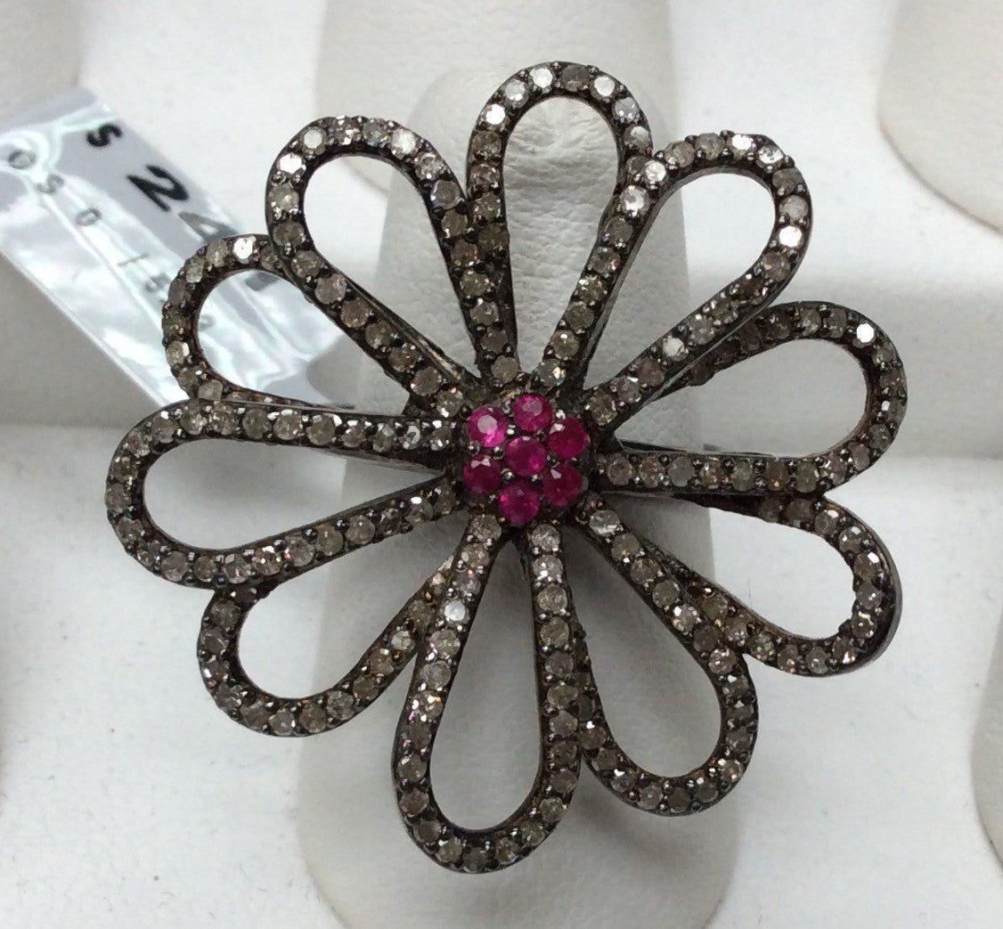 Flower Pave Diamond Ring With Ruby  .925 Oxidized Sterling Silver Diamond Ring, Genuine handmade pave diamond Ring Size Approx 1.32"(33 MM)