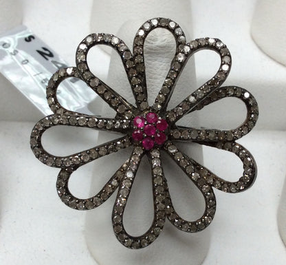 Flower Pave Diamond Ring With Ruby  .925 Oxidized Sterling Silver Diamond Ring, Genuine handmade pave diamond Ring Size Approx 1.32"(33 MM)