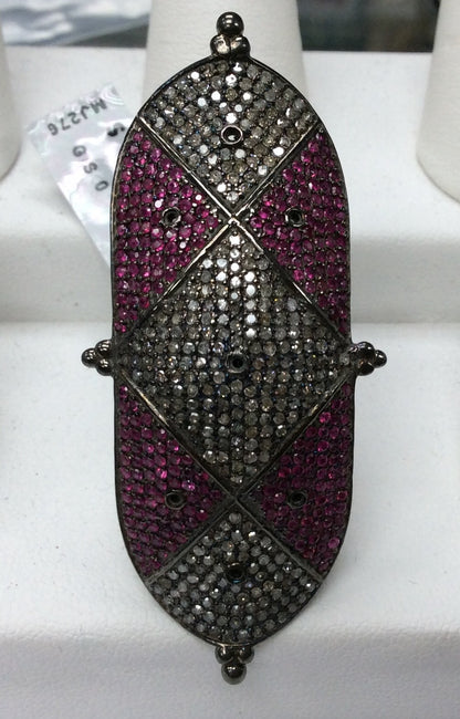 Ring Diamond with Ruby .925 Oxidized Sterling Silver Diamond Ring, Genuine handmade pave diamond Ring Size Approx 2.28"(20 x 57 MM)