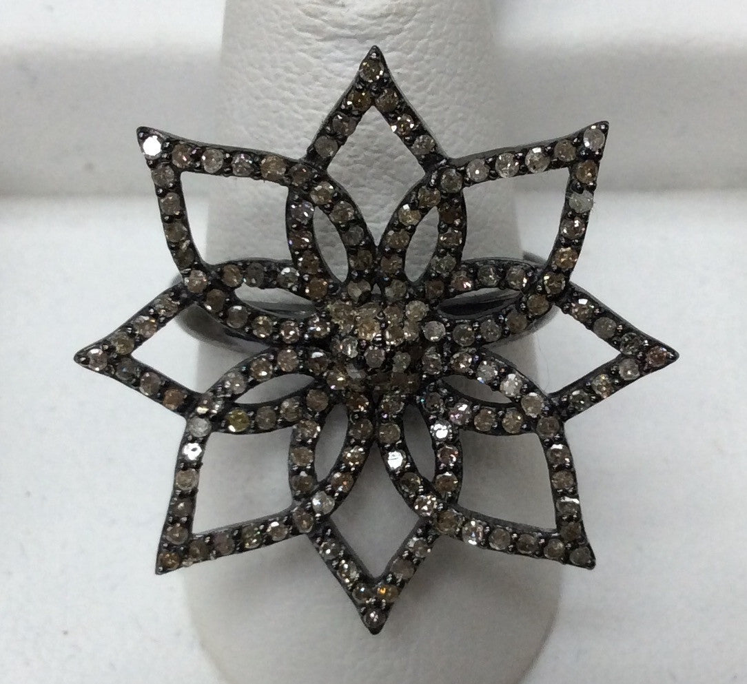 Flower Pave Diamond Ring .925 Oxidized Sterling Silver Diamond Ring, Genuine handmade pave diamond Ring Size Approx 1.08"(27 x 27 MM)