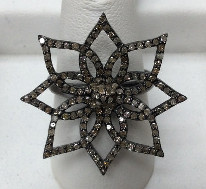 Flower Pave Diamond Ring .925 Oxidized Sterling Silver Diamond Ring, Genuine handmade pave diamond Ring Size Approx 1.08"(27 x 27 MM)