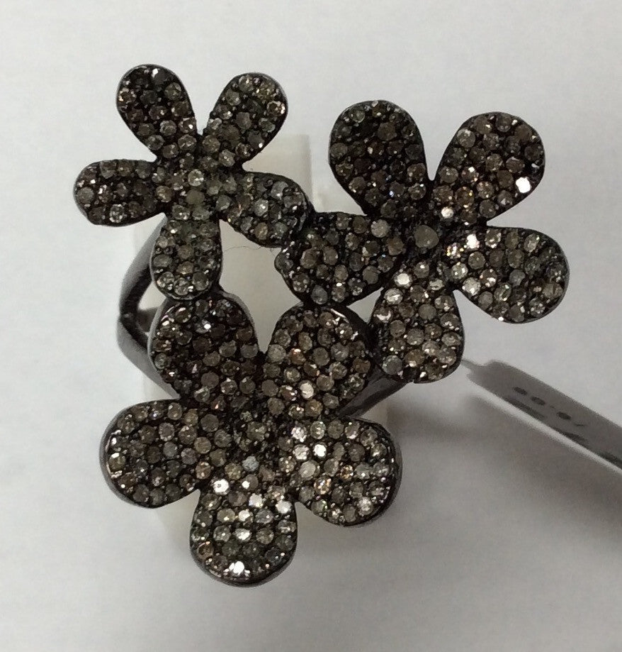 Flower Pave Diamond Ring .925 Oxidized Sterling Silver Diamond Ring, Genuine handmade pave diamond Ring Size Approx 1.20"(28 x 30 mm)