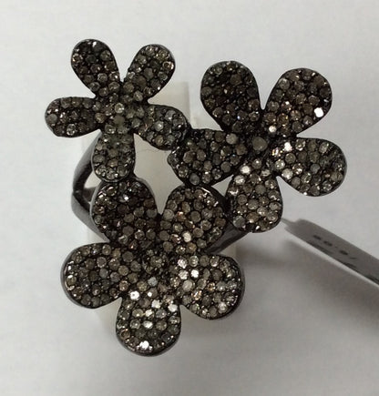 Flower Pave Diamond Ring .925 Oxidized Sterling Silver Diamond Ring, Genuine handmade pave diamond Ring Size Approx 1.20"(28 x 30 mm)