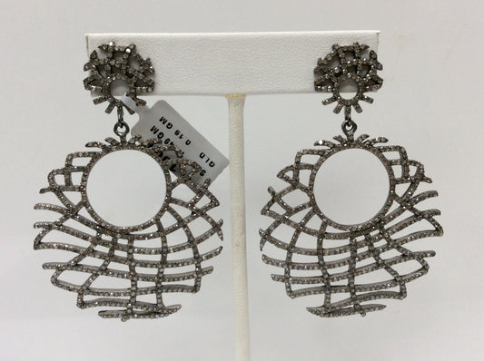Roundel Diamond Silver Earring .925 Oxidized Sterling Silver Diamond Earring, Genuine handmade pave diamond Earring Size 2.60"(43 x 65 MM )