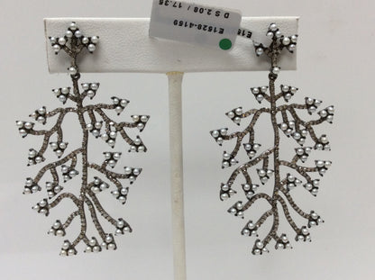 Plants Diamond Silver Earring .925 Oxidized Sterling Silver Diamond Earring, Genuine handmade pave diamond Earring Size 2.48"(35 x 62 MM )
