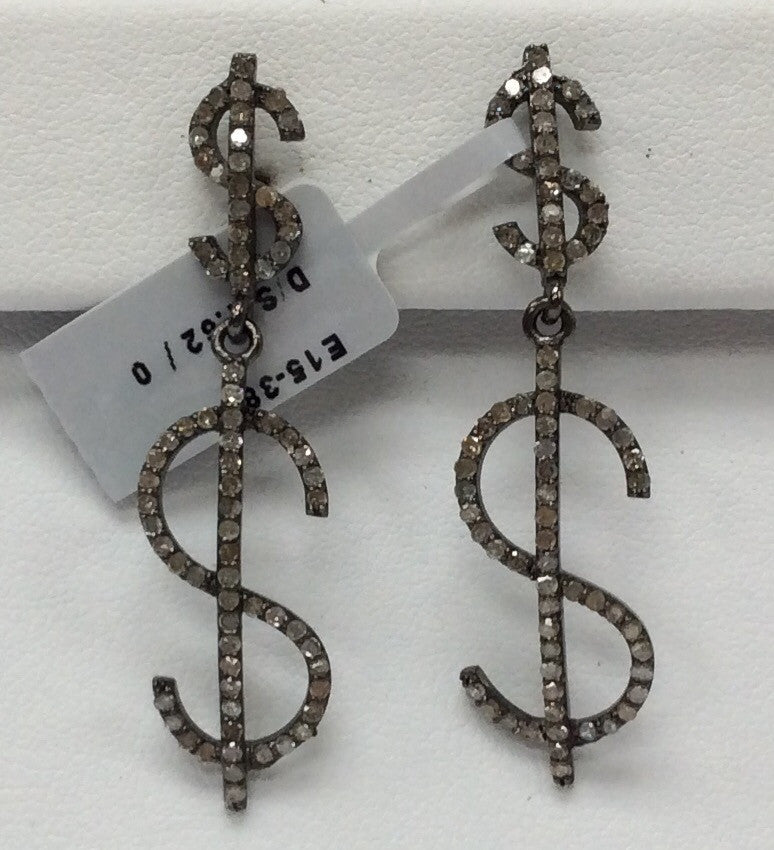 Dollar Diamond Silver Earring .925 Oxidized Sterling Silver Diamond Earring, Genuine handmade pave diamond Earring Size 1.80"(12 x 45 MM )