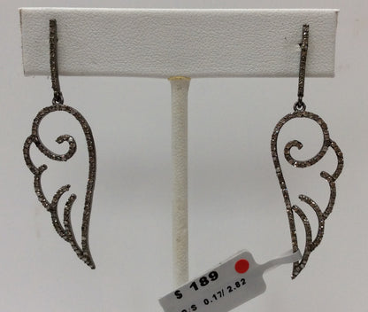 Wings Diamond Earrings .925 Oxidized Sterling Silver Diamond Earring, Genuine handmade pave diamond Earring Size 2.08"(16 x 52 MM )