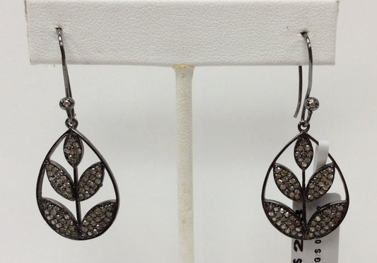 Flower Diamond Silver Earring .925 Oxidized Sterling Silver Diamond Earring, Genuine handmade pave diamond Earring Size 1.76"(19 x 44 MM )