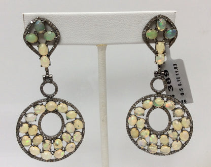 Roundel Diamond Silver Earring .925 Oxidized Sterling Silver Diamond Earring, Genuine handmade pave diamond Earring Size 2.64"(31 x 66 MM )