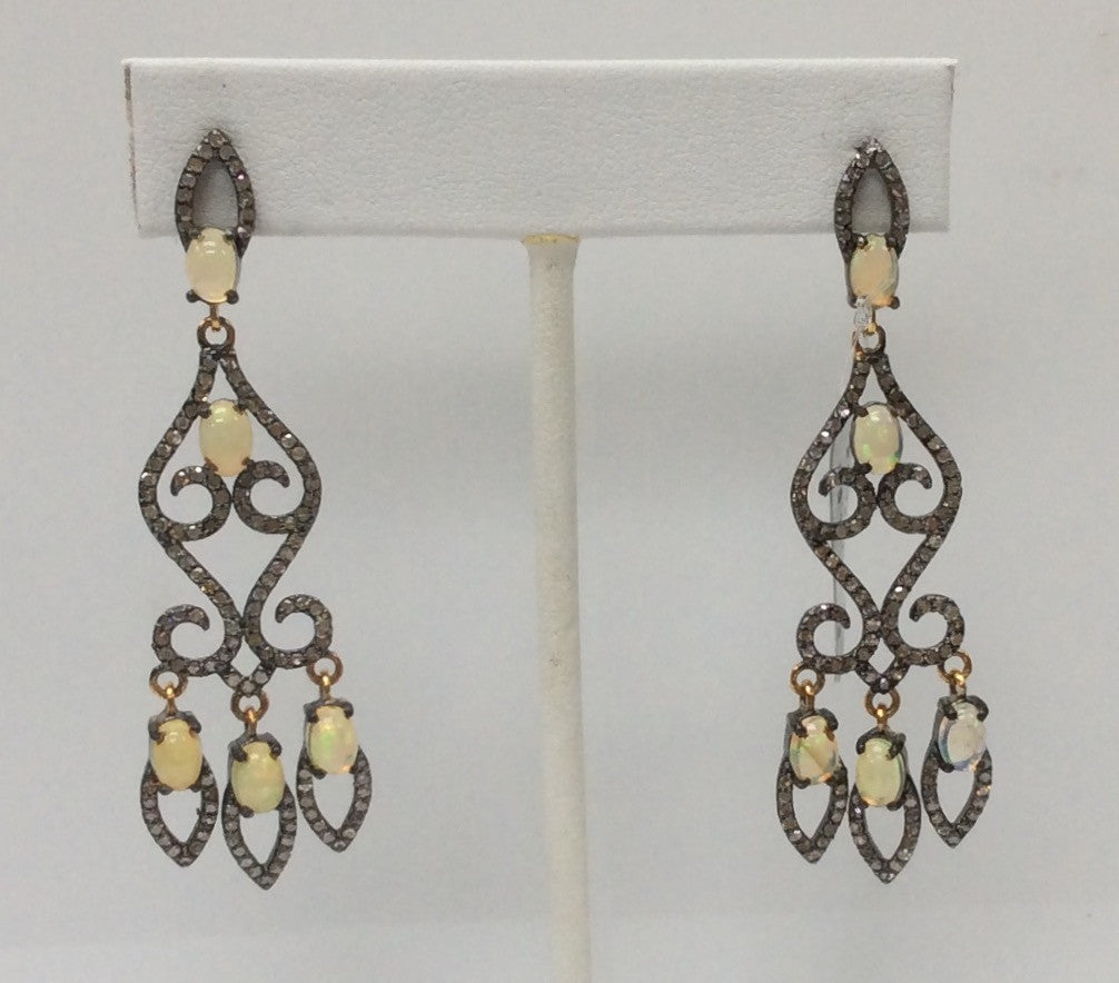 Diamond  Art Deco Opal with Diamond Earring, Pave Diamond Earring, Pave Art Deco Earring, Appx 62 x 18mm. Sterling Silver