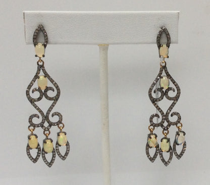 Diamond  Art Deco Opal with Diamond Earring, Pave Diamond Earring, Pave Art Deco Earring, Appx 62 x 18mm. Sterling Silver