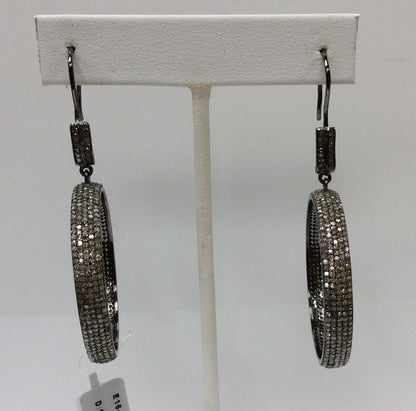 Round Diamond Silver Earring .925 Oxidized Sterling Silver Diamond Earring, Genuine handmade pave diamond Earring Size 2.80"(6 x 70 MM )