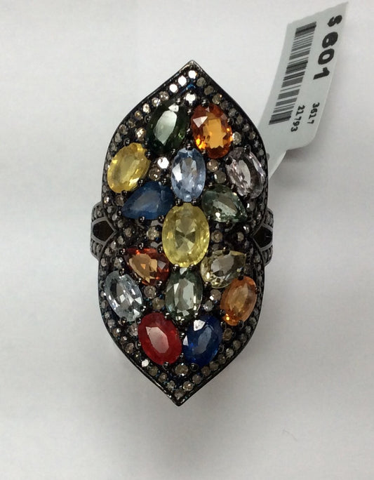 Diamond and Silver Multi Sapphire Black Rhodium Finish Rings