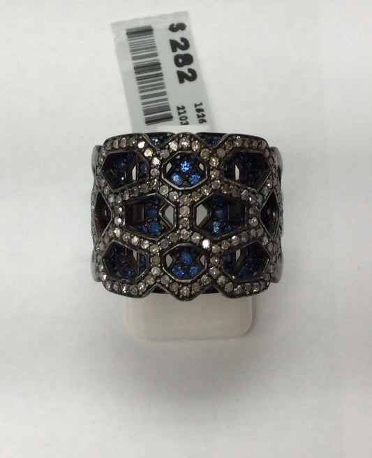 Diamond and Silver Sapphire Black Rhodium Finish Rings