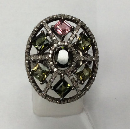 Diamond Oval Shape Tourmaline Diamond Ring, Pave Diamond Ring, Pave Oval Shape Tourmaline Ring, Approx 22 x 19mm