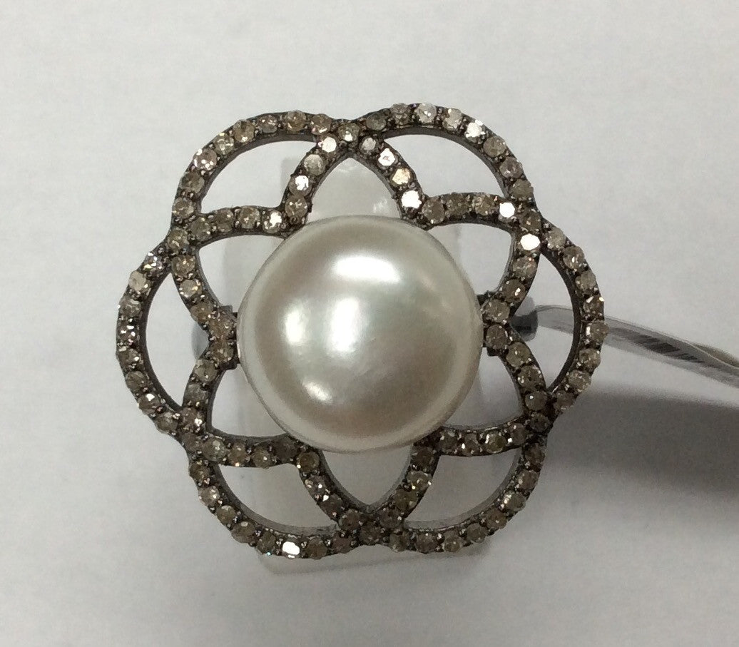 Diamond and Silver Pearl Black Rhodium Finish Rings