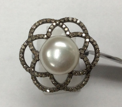 Diamond and Silver Pearl Black Rhodium Finish Rings