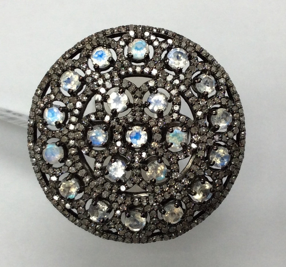 Diamond and Silver Rainbow Moonstone Black Rhodium Finish Ring