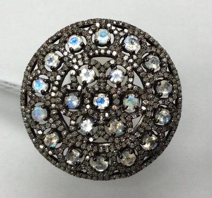 Diamond and Silver Rainbow Moonstone Black Rhodium Finish Ring