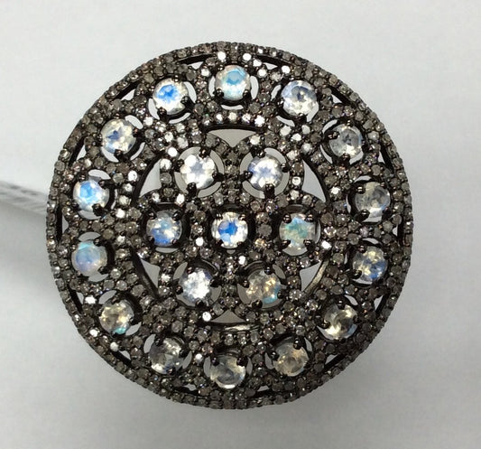 Diamond and Silver Rainbow Moonstone Black Rhodium Finish Ring
