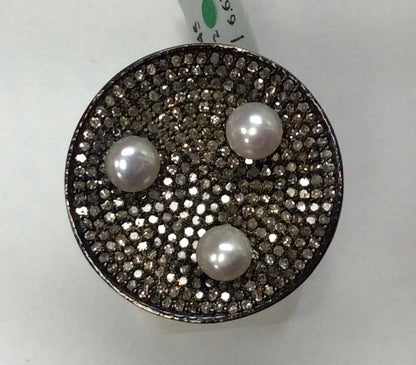 Diamond and Silver Pearl Black Rhodium Finish Ring
