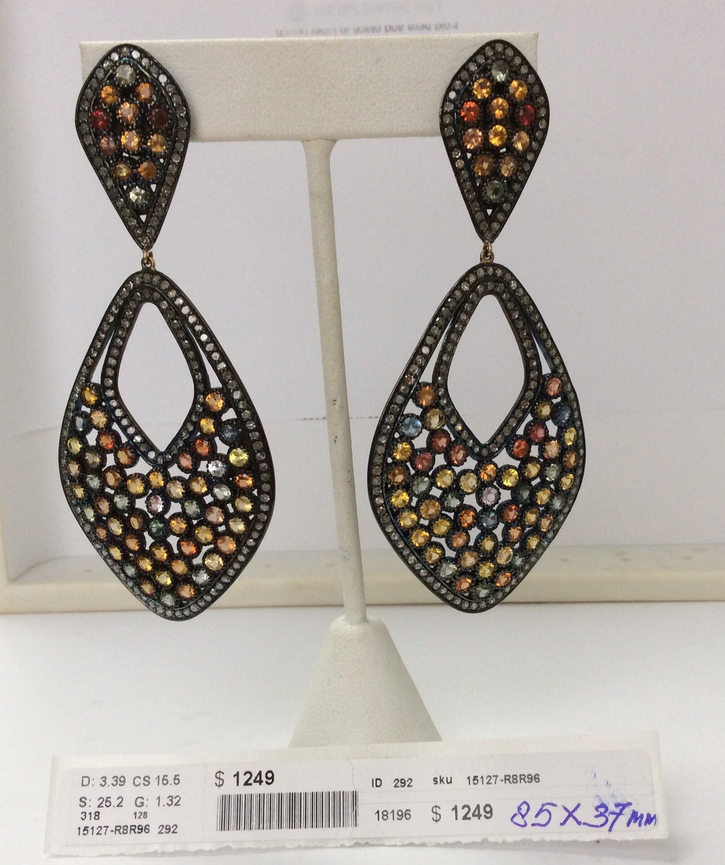 Diamond and Silver Multi Sapphire Black Rhodium Finish Earrings