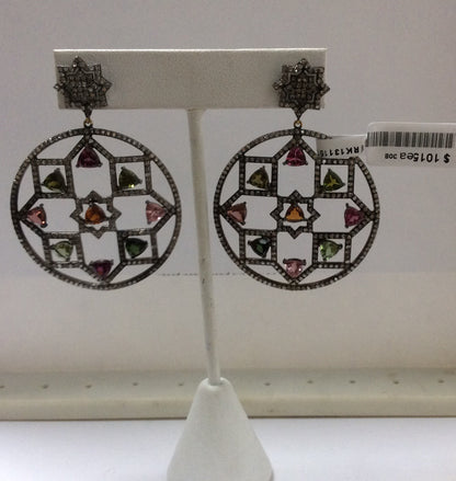 Diamond and Silver Multi Tourmaline Black Rhodium Finish Earring