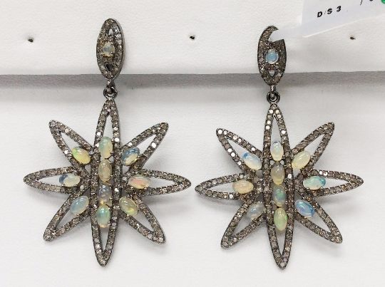 Flower Diamond Silver Earring .925 Oxidized Sterling Silver Diamond Earring, Genuine handmade pave diamond Earring Size 2.20"(38 x 55 MM )