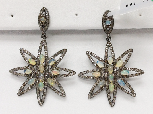 Flower Diamond Silver Earring .925 Oxidized Sterling Silver Diamond Earring, Genuine handmade pave diamond Earring Size 2.20"(38 x 55 MM )