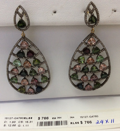 Diamond and Silver Multi Tourmaline Black Rhodium Finish Earrings