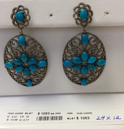 Diamond and Silver Turquoise Stone Black Rhodium Finish Earrings