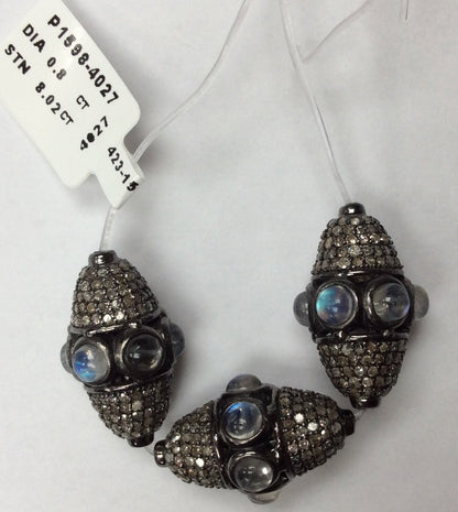 Roundel Diamond Bead .925 Oxidized Sterling Silver Diamond Beads, Genuine handmade pave diamond Beads Size Approx 0.88"(14 x 22 MM)