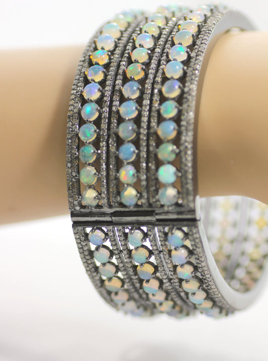 Opal & Diamond Silver Bangle