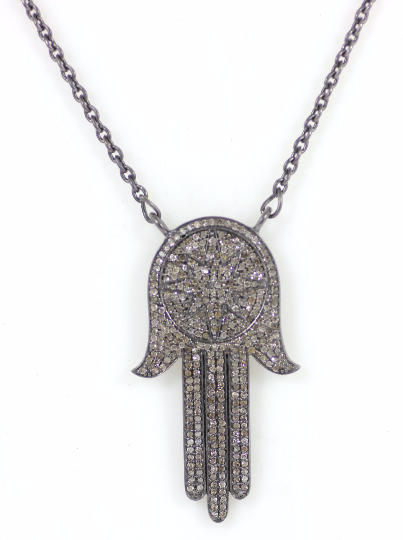 Hamsa Hand Diamond Necklace .925 Oxidized Sterling Silver Diamond Necklace, Genuine handmade pave diamond necklace Size Approx 1.60"(23 x 40 MM)