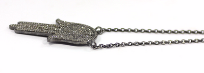 Hamsa Hand Diamond Necklace .925 Oxidized Sterling Silver Diamond Necklace, Genuine handmade pave diamond necklace Size Approx 1.60"(23 x 40 MM)