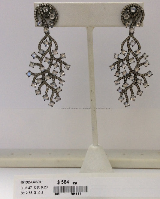 Diamond and Silver White Rainbow Moon Stone Black Rhodium Finish Earrings.