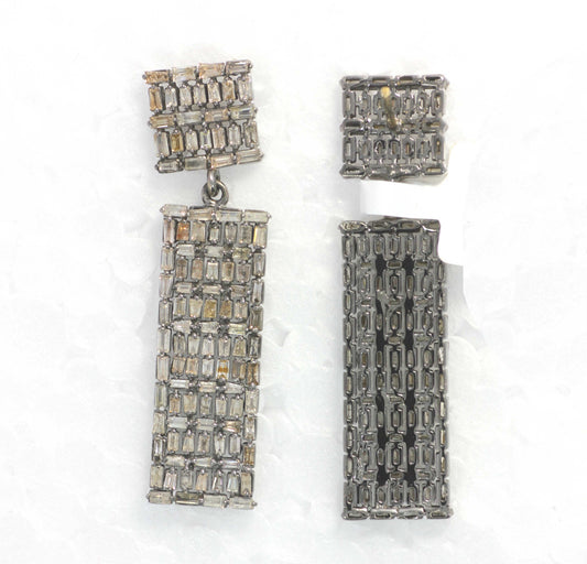 Rectangle shape Diamond Silver Earring .925 Oxidized Sterling Silver Diamond Earring, Genuine handmade pave diamond Earring.