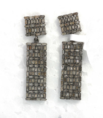 Rectangle shape Diamond Silver Earring .925 Oxidized Sterling Silver Diamond Earring, Genuine handmade pave diamond Earring.
