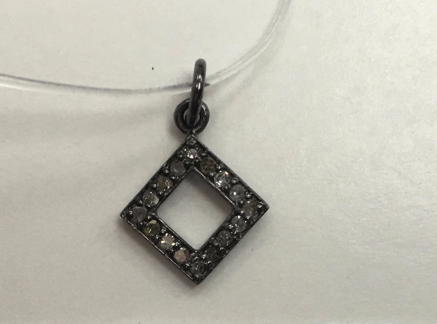 Open Square Shape Diamond Silver Charm, 11mm Fine Natural Diamonds and Silver