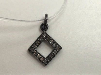 Open Square Shape Diamond Silver Charm, 11mm Fine Natural Diamonds and Silver