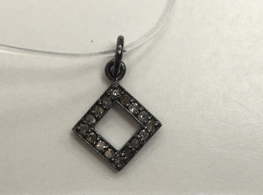 Open Square Shape Diamond Silver Charm, 11mm Fine Natural Diamonds and Silver
