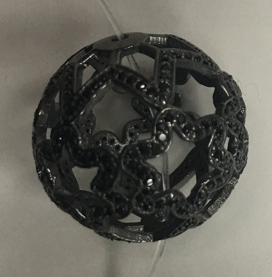 Round Filgree Black Spinel Pave Silver Beads