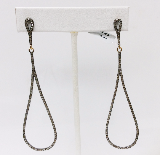 Diamond Silver Earring .925 Oxidized Sterling Silver Diamond Earring, Genuine handmade pave diamond Earring Size 3.20"(21 x 80 MM )