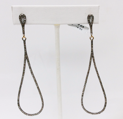 Diamond Silver Earring .925 Oxidized Sterling Silver Diamond Earring, Genuine handmade pave diamond Earring Size 3.20"(21 x 80 MM )