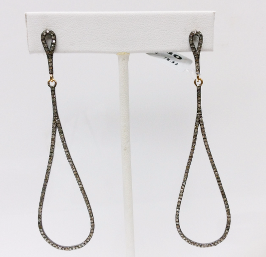 Diamond Silver Earring .925 Oxidized Sterling Silver Diamond Earring, Genuine handmade pave diamond Earring Size 3.20"(21 x 80 MM )