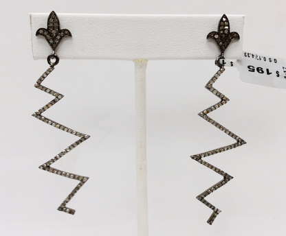 Diamond Silver Earring .925 Oxidized Sterling Silver Diamond Earring, Genuine handmade pave diamond Earring Size 2.52"(19 x 63 MM )