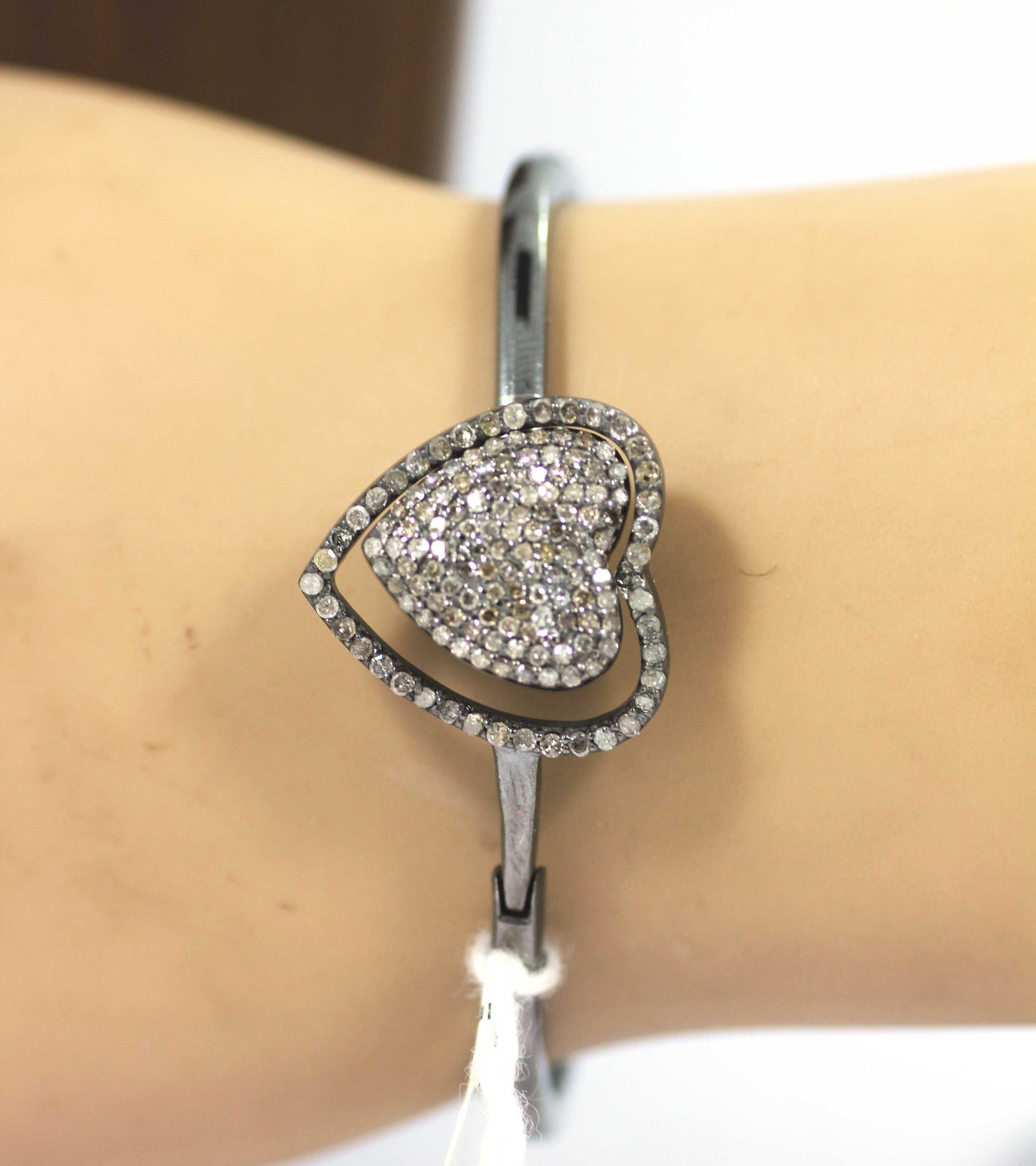 Heart Diamond Silver Bracelet .925 Oxidized Sterling Silver Diamond Bracelet, Genuine handmade pave diamond Bracelet.