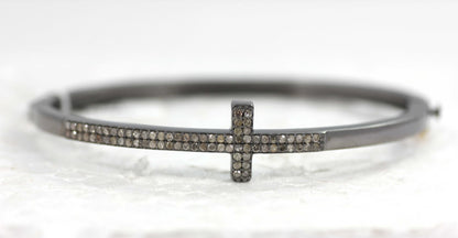 Cross Diamond Silver Bracelet .925 Oxidized Sterling Silver Diamond Bracelet, Genuine handmade pave diamond Bracelet.